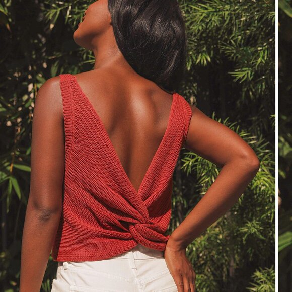 Lulus Tops - Lulu's Let's Get Away Rust Red Knit Twist Back Tank Top